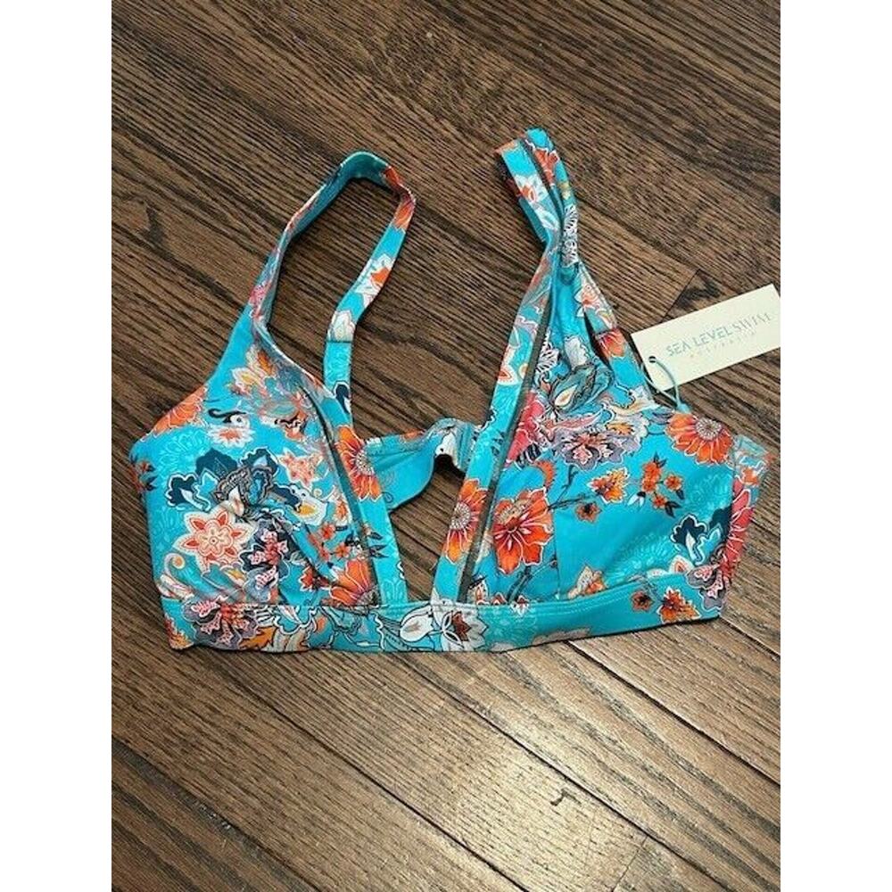 Sea Level Australia Dominica Triangle Bikini Top Luminous Trim Floral Aqua‎ Sz 4
